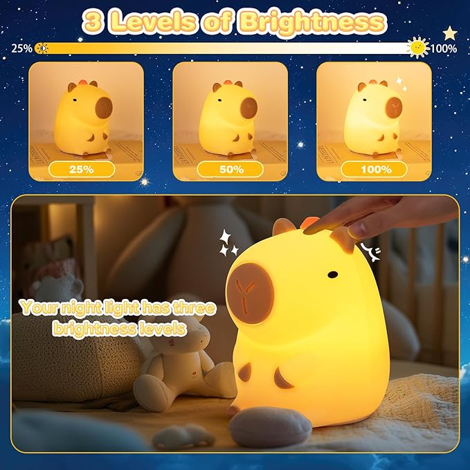 Night Light for Kids, Rechargeable Dimmable Silicone LED Nightlight with 7 Colors, Baby Nursery Night Lamp, Touch Squishy Lamp, Cute Gifts for Girls, Boys, Toddler Room Decor, Capybara - Bloomnest