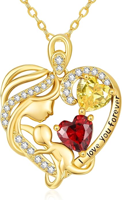 14K Gold Double Birthstone Heart Necklace for Women Mom, Mother Son/Daughter Pendant Necklace for Christmas Mother's Day Birthday Gifts for Wife Daughter Grandmom - Bloomnest