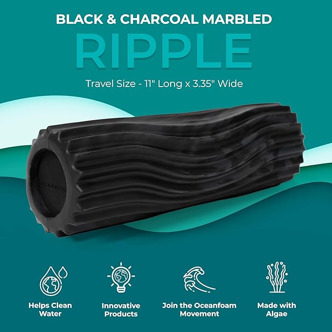 Oceanfoam Ripple Travel Foam Roller (11" x 3.35") Firm Mini Foam Roller for Physical Therapy, Deep Tissue Massage, Back Pain - High Density, Wave Textured - Yoga, Exercise (Black & Charcoal Marbled) - Bloomnest