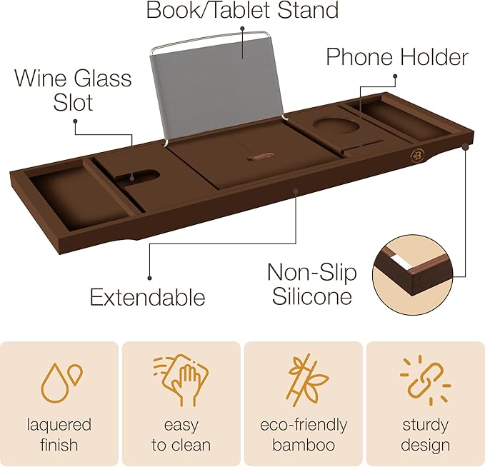 Wooden Bathtub Tray - Foldable & Expandable Bamboo Bath Tray for Tub with Wine Holder, Book & Tablet Stand - Bath Caddy Tray for Bathtub, Spa Bath Accessories, Tub Tray Table, (Brown) - Bloomnest