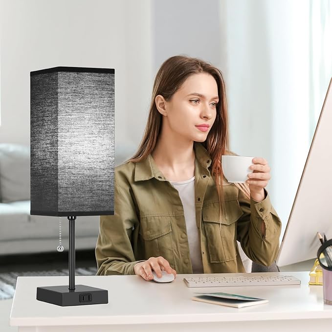 Table Lamp for Bedroom set of 2,3-Color Bedside Lamps with Pull Chain Table Lamps for Nightstand with AC Outlets,18'' Night Light Lamps with 2 Bulbs Lamps for Living Room Kids Office Decor（Black） - Bloomnest