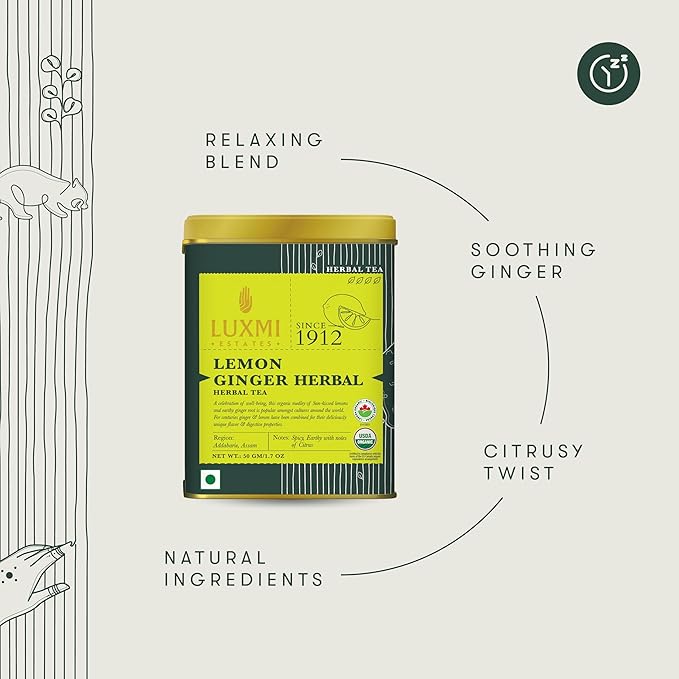Luxmi Estates Lemon Ginger Root - 50gm Tin Loose Leaf | Certified Organic Herbal Tea | Citrus Flavor & Aroma | Lemon Peel, Ginger, Lemongrass, Licorice - Bloomnest