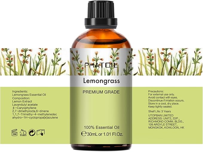 Lemongrass Essential Oil 1.01fl.oz/30ml, PHATOIL Lemongrass Oils Long Lasting Scents for Aromatherapy, Diffuser, DIY Soap and Candle Making PHATOIL