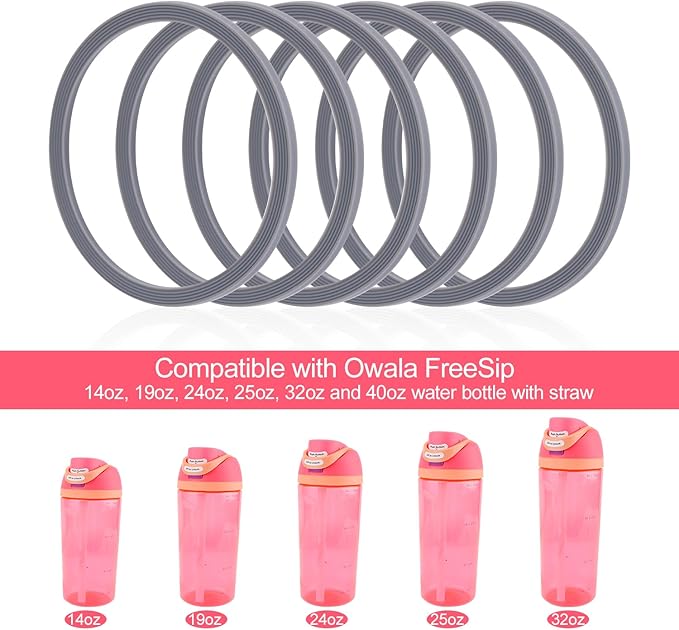 6 Pack Water Bottle Gasket Replacement for Owala FreeSip, Silicone Lid Seal O Ring Sealing Gaskets Replacement Parts Accessories Compatible with Owala Stainless Steel Cup (Grey) PEUTIER