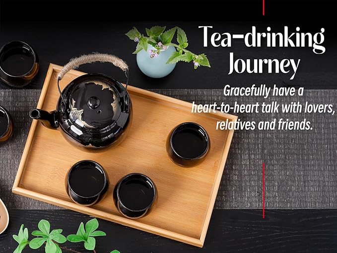 Traditional Japanese tea set, Japanese teapot set, Asian Black glazed tea set with 1 Teapot, 6 Tea cups, 1 Tea strainer, 1 Tea tray (Landscape Black) - Bloomnest