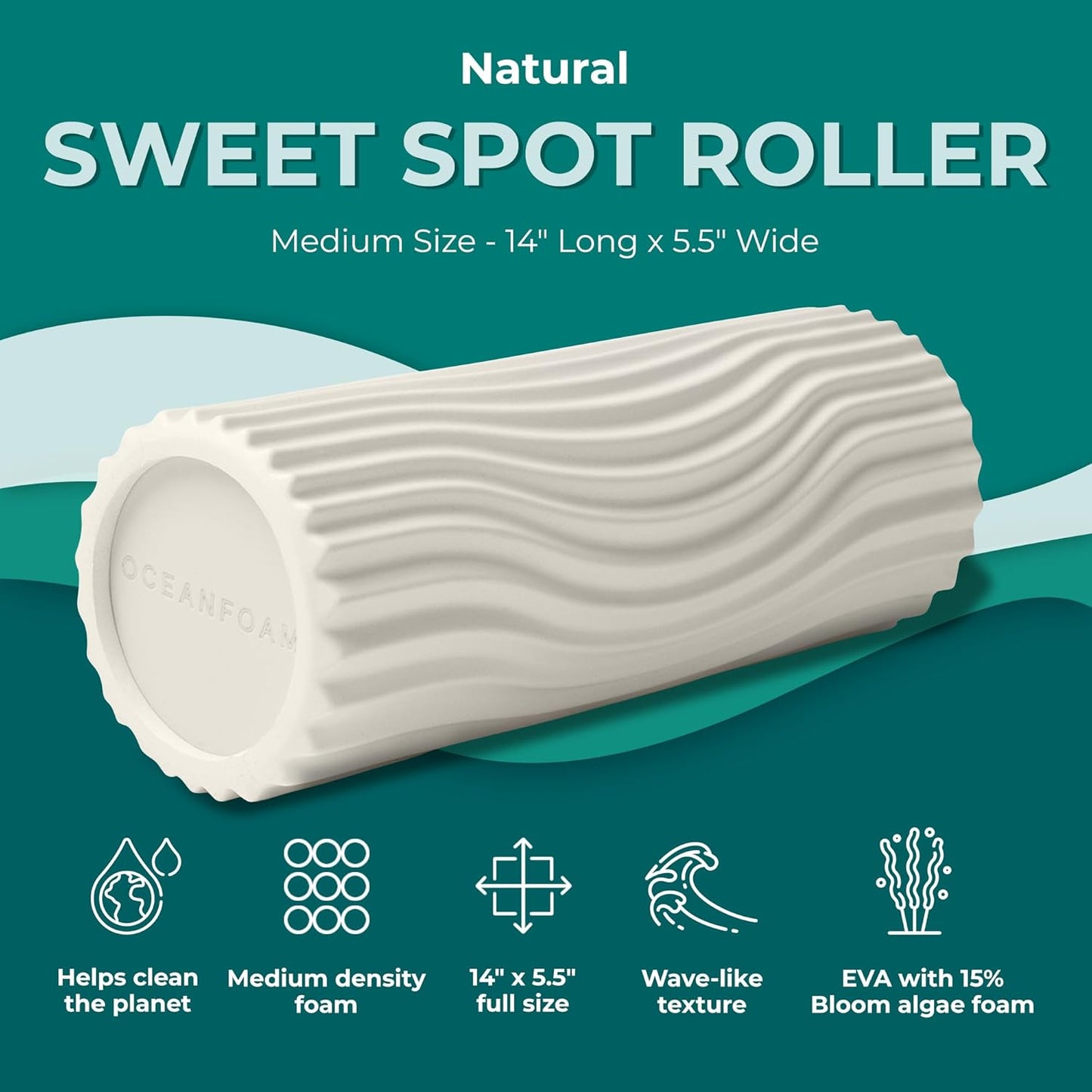 Oceanfoam Sweet Spot Medium Exercise Foam Roller 14"x5.5" – Medium Density Foam Roller for Physical Therapy, Deep Tissue Massage, Yoga, Pilates, Classic Exclusive Wave Texture (Natural)