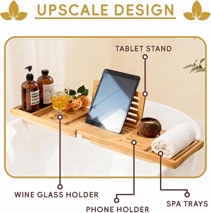 Premium Foldable Bamboo Bathtub Tray Caddy, Expandable Bath Caddy Tray with Holder, Natural Bath Shelf Over Tub, Spa Bathroom Accessories & Gifts for Home - Bloomnest