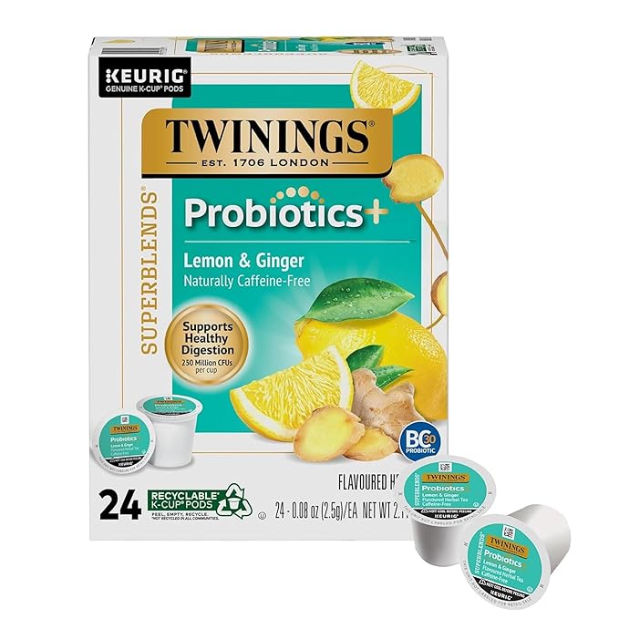 Twinings Probiotics+ Lemon & Ginger Herbal Tea K-Cup Pods for Keurig, 24 Count (Pack of 1), Supports Digestive Health, Naturally Caffeine-Free, Enjoy Hot or Iced - Bloomnest
