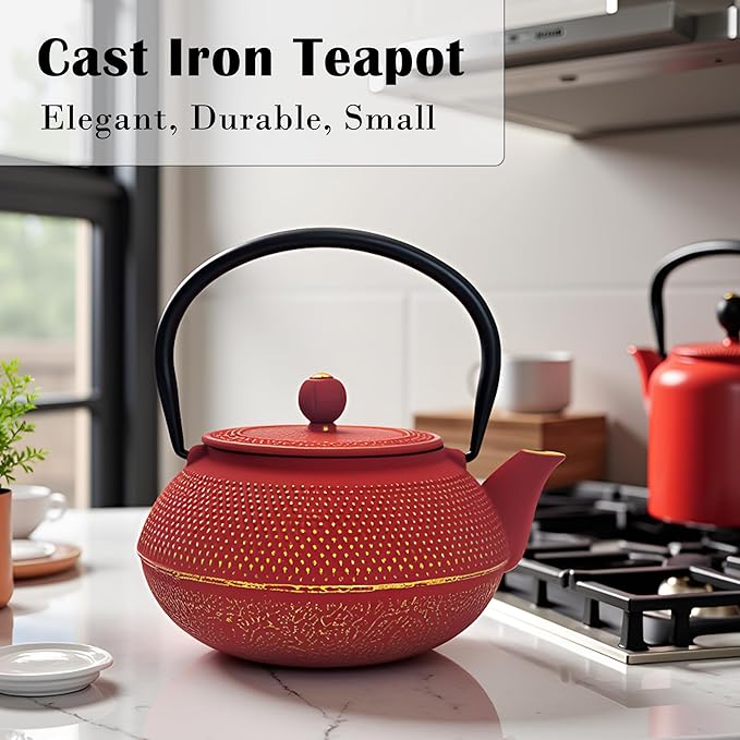 30.4oz Small Cast Iron Teapot, Tea Kettle for Stovetop Safe Coated with Enameled Interior, Red Japanese Tetsubin, Tea Pot with Stainless Steel Infuser for Loose Tea(900ml) - Bloomnest