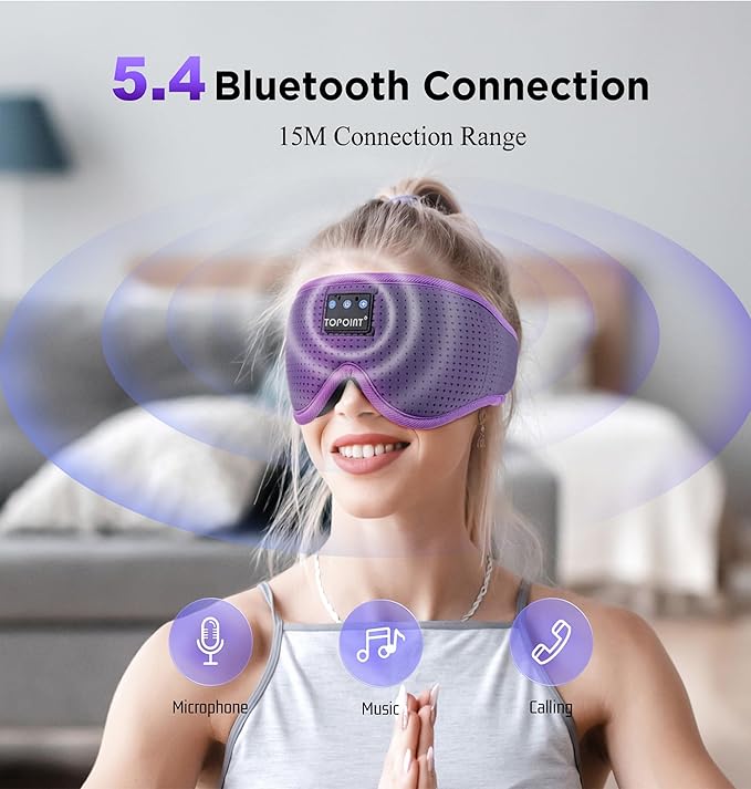 Sleep Mask with Bluetooth Headphones Wireless, TOPOINT 3D Eye Mask for Sleeping Headphones Women Men with Noise Canceling Earbuds, Thin Speaker, Blackout, 15 Hours for Travel, Meditation, CPAP Users - Bloomnest