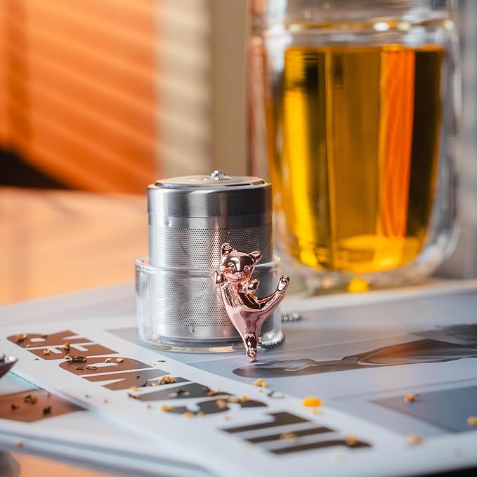 Cat Tea Infuser Stainless Steel with Secure Clip Rose Gold Kitty - Cute Animal Tea Ball Strainer, Reusable Loose Leaf Infuser w/Hanging Clip & Glass Holder Gift for Tea Lovers