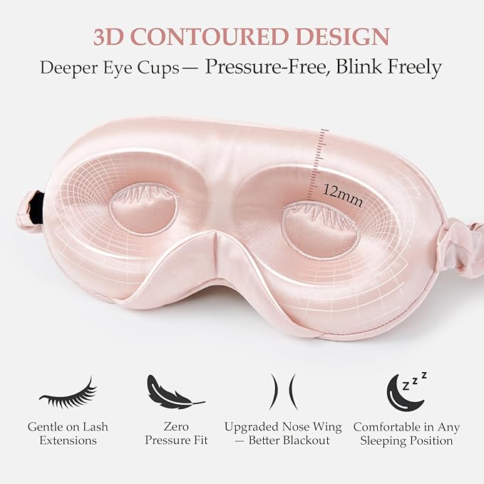 100% 22 Momme Mulberry Silk Sleep Mask with Adjustable Strap, 3D Contoured Cup Silk Eye Mask for Sleeping, Total Black Out, Pink - Bloomnest
