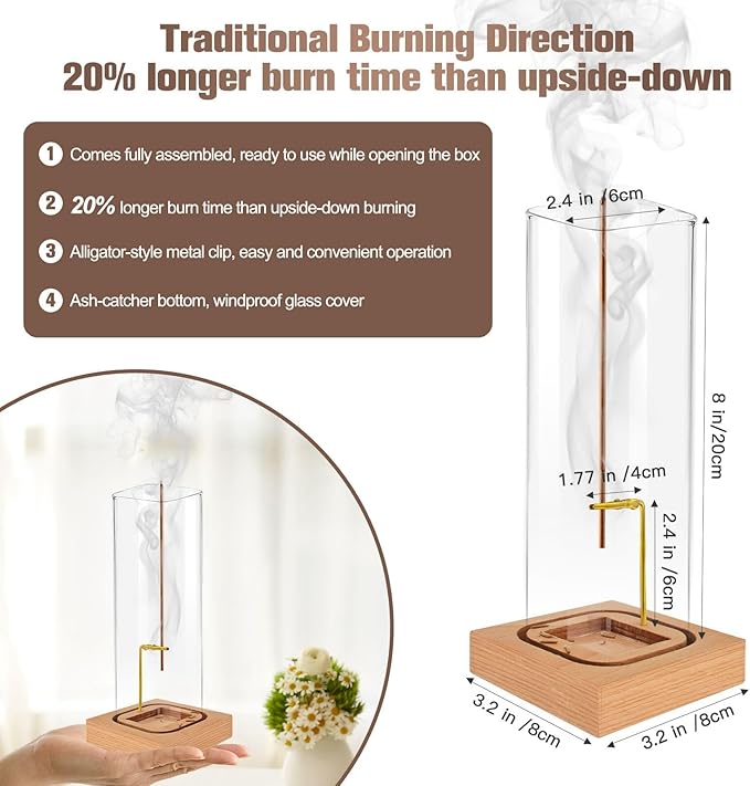 Incense Holder for Sticks, Insence-Stick Holder, Clean-Burning Design, Removable Ash Collection Glass, Top Burning Design Extends More Burn Time, Installation-Free, for Yoga, Home Decor - Bloomnest