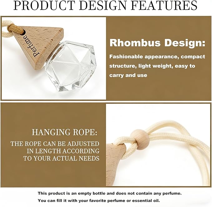 2-Pack Hanging Car Air Freshener, Refillable Glass Diffuser Bottle with Wooden Cap, Drift Car Freshener for Essential Oils, Long-Lasting Scent - Car Accessories for Women Men-Rhombus - Bloomnest