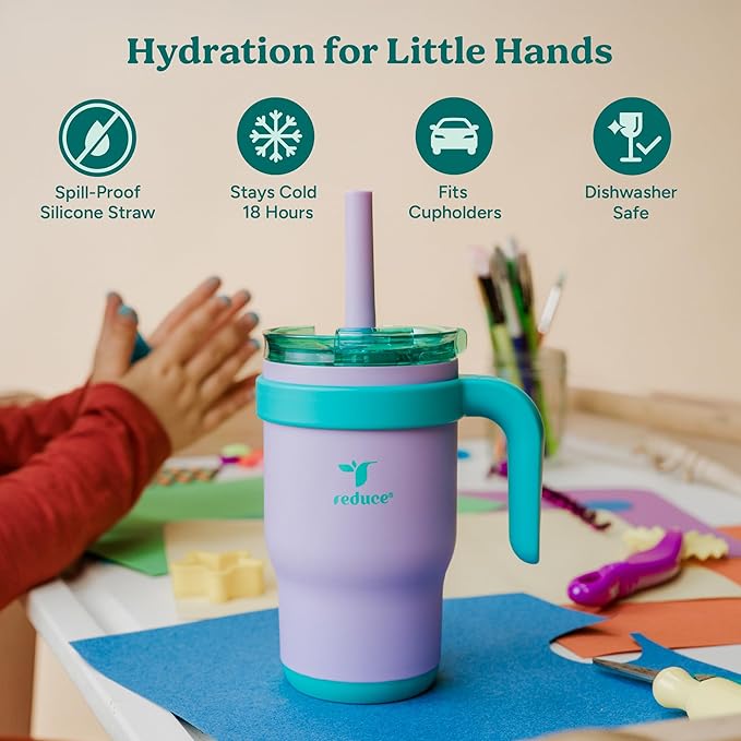 REDUCE 14 Oz Coldee Kids Tumbler with Lid and Straw - Coldee Insulated Travel Mug - Spill-Proof, Sweatproof Stainless Steel, BPA-Free - Includes Handle, Reusable Silicone Straw - Clover Green - Bloomnest