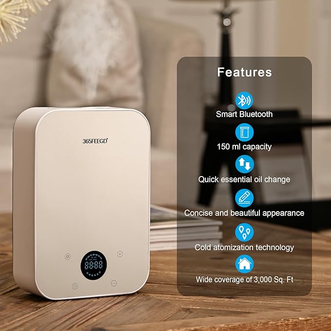 Waterless Oil Diffuser - Pure Essential Oil Diffuser with App Control - 150ml/1700 Sq.Ft. Coverage for Effective Aromatherapy in Home/Office/Hotel (White Gold) - Bloomnest