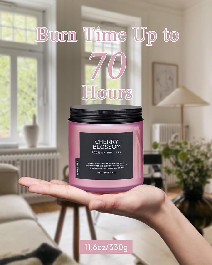 M&SENSE Cherry Blossom Scented Spring Candle, 70 Hours Long Lasting Soy Wax 11.6oz Stress Relief Aromatherapy Candles, Romantic Gifts for Women, Glass Jar for Bedroom Decor - Bloomnest