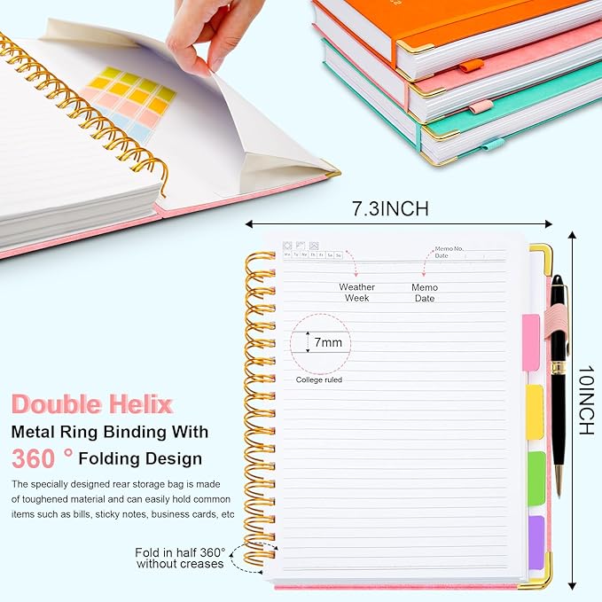 Hardcover Spiral Notebook 8"x10" Journal Notebook with Tabs and Removable Dividers 300 Pages 5 Subject Notebook College Ruled, Faux Leather Spiral Bound Notebook for Women School Work (Pink) - Bloomnest