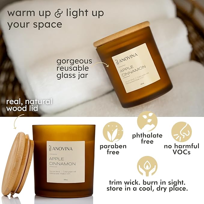 Anovina Apple Cinnamon Candle – Soy Wax Blend with Apple & Cinnamon Scent – Non-Toxic Fall Candle Jar for Home Décor, Autumn Gifts, Cozy Holiday & Seasonal Home Fragrance - Bloomnest