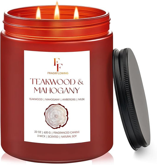 Teakwood & Mahogany Large Scented Candle, 3-Wick 22oz Long Lasting Scented Candle, Natural Soy Wax Aromatherapy Candle for Home, Autumn Candle Gifts for Women Men - Bloomnest