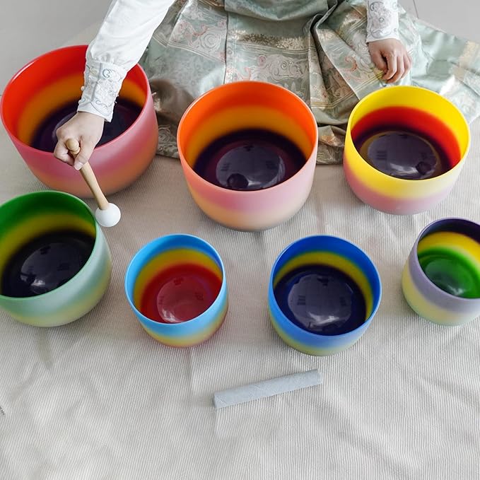Hye-eun 432hz Crystal Singing Bowls,7-12 Inch Rainbow Colored Quartz Sound Bowl Set of 7pcs with Carrying Case for Yoga Sound Healing Instrument Meditation - Bloomnest
