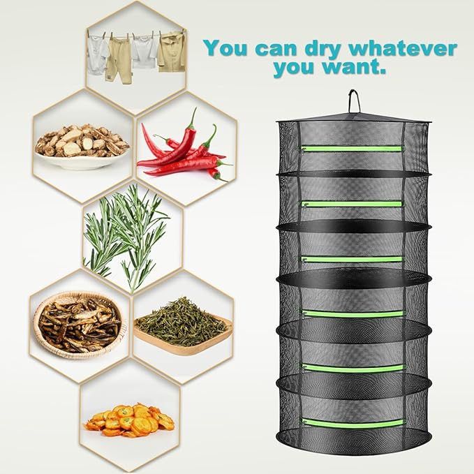 Layer 2ft Herb Drying Rack Hanging Mesh Net with Green Zippers,Bonus Hook Drying Rack Herbs for Plant Bud Seed,Herb Dry Net for Garden(6 Layer, Zipper Type) - Bloomnest
