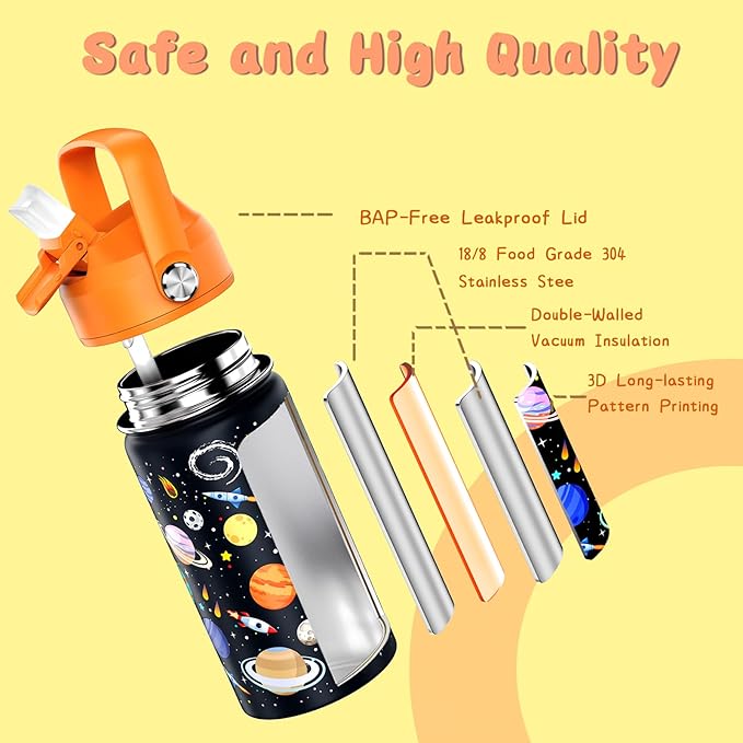 14oz Kids Insulated Water Bottle with Straw Lid - 18/8 Stainless Steel Kid Cup Travel Tumbler Double Wall Vacuum Leak Proof Portable Toddler Water Bottle (Space) - Bloomnest