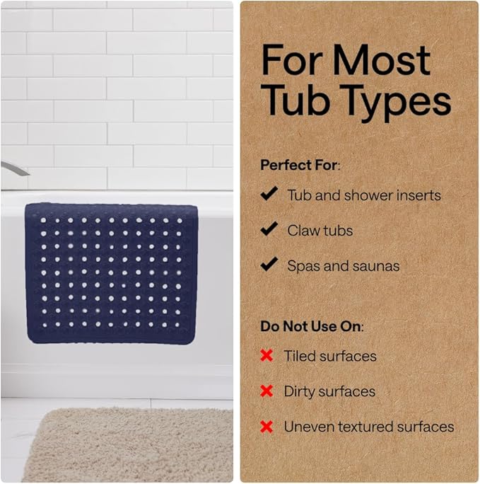 GORILLA GRIP Patented Bath Tub Shower Mat, Machine Washable Bathtub Floor Liner Mats, Suction Cups and Drain Holes to Keep Tubs Clean, Soft on Feet, Bathroom Essentials, 35x16 Inch, Navy Opaque - Bloomnest