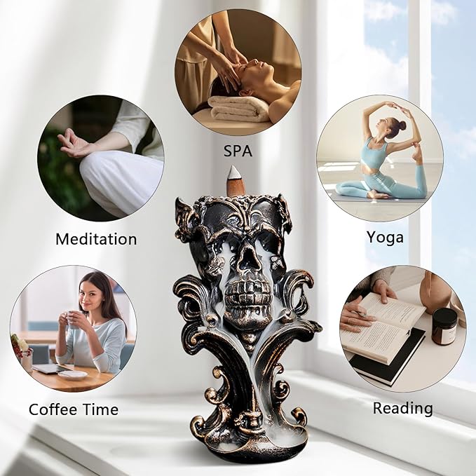 Comeon Backflow Incense Holder Burner Resin Skull Incense Burner Waterfall Incense Burner Home Decor + 20 Backflow Incense Cones + 30 Incense Sticks +1 Tweezer +1 Mat（Metallic Gold） - Bloomnest
