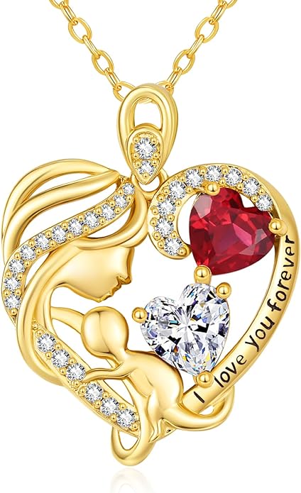 14K Gold Double Birthstone Heart Necklace for Women Mom, Mother Son/Daughter Pendant Necklace for Christmas Mother's Day Birthday Gifts for Wife Daughter Grandmom - Bloomnest