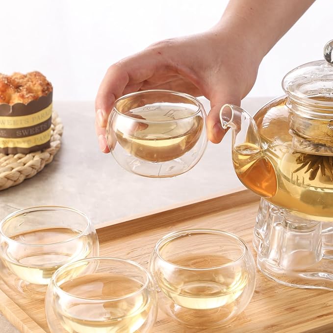 Glass Teapot Set, 34OZ/1000ML Glass Tea Kettle with Loose Tea Infuser & Warmer, 5OZ/150ML Double-Wall Tea Cup Set of 4, Stovetop & Microwave Safe Tea Maker, Blooming Tea Gift Set For Women - Bloomnest