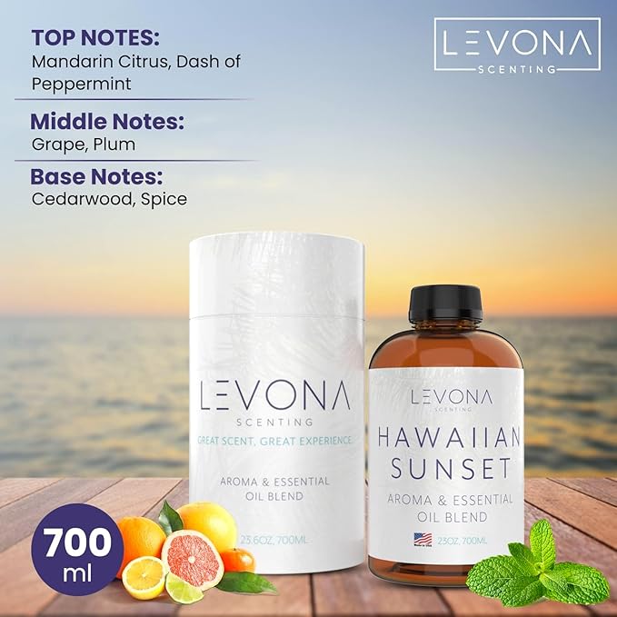 Levona Scent Essential Oil - Fresh Aroma for Home, Office, Hotel & Spa, Perfect in Humidifiers and Diffusers, Luxury Fragrance, with Mandarin Citrus & Grape Notes - 700ml/ 23 fl oz, Hawaiian Sunset - Bloomnest