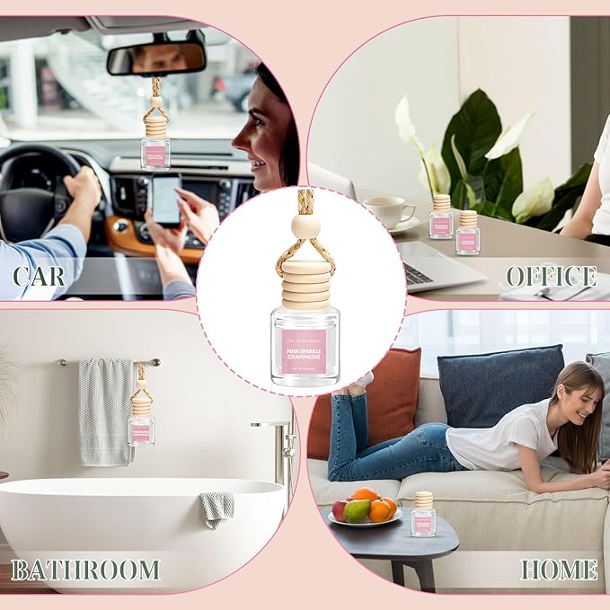 AROIC Car Air Freshener - Pink Sparkle Champagne Fragrance, 6 Pack Long Lasting Essential Oil Fragrance Diffuser, Hanging Cute Automotive Perfumes Interior Decor, Pink Car Accessories for Women & Men - Bloomnest