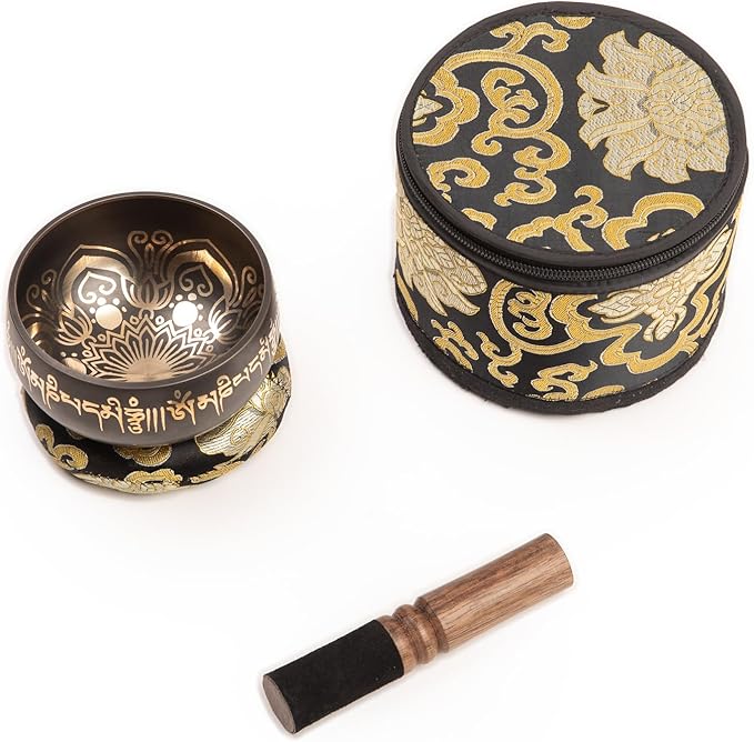 Tibetan Singing Bowl Set - 4" Easy To Play Authentic Handmade For Meditation Sound 7 Chakra Healing By HIMALAYAN BAZAAR (Black with Box, 4") - Bloomnest