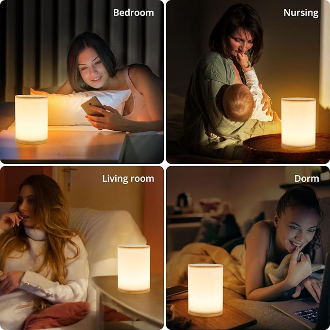 Mini Bamboo Bedside Table Lamp with10 Brightness & 3 Color Temperatures,Cozy PC Shade,Soft Ambient Nightstand Night Light for Bedroom,Kids Room,Bedroom,Dorm,Nursery - Bloomnest