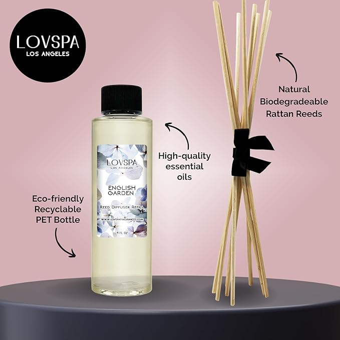 LOVSPA English Garden Diffuser Oil - Luxury Essential Oils for Diffuser Refill & Air Freshener Room Spray - Long-Lasting & Natural Home Fragrance, Scented Oil for Diffusers, USA Made, 4oz - Bloomnest