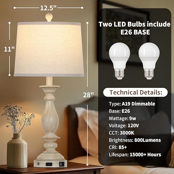 28" Tall Farmhouse Table Lamps for Living Room Set of 2,Vintage Rustic Beige Bedside Touch Lamp with USB C+A Ports & AC Outlet, 3-Way Dimmable Resin Nightstand Lamp for Bedroom Entryway Office - Bloomnest