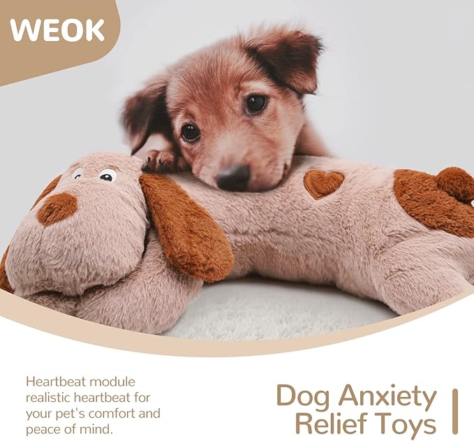 Puppy Heartbeat Toy, Dog Heartbeat Toy for Separation Anxiety Relief, Puppy Toy with Heartbeat Stuffed Animal Anxiety Calming Behavioral Aid Plush Toy for Dogs Cats Pets (Brown +) - Bloomnest