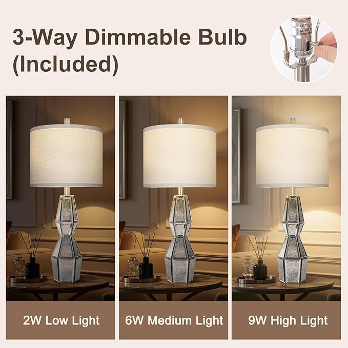 28" Vintage Table Lamps for Bedroom,Antique Bedside Lamp for Living Room with USB A+C Ports,Glass Table Lamps with Linen Shade,3-Way Dimmable Bulb,Nightstand Lamp for Home Hotel Decor(Bulb Included) - Bloomnest