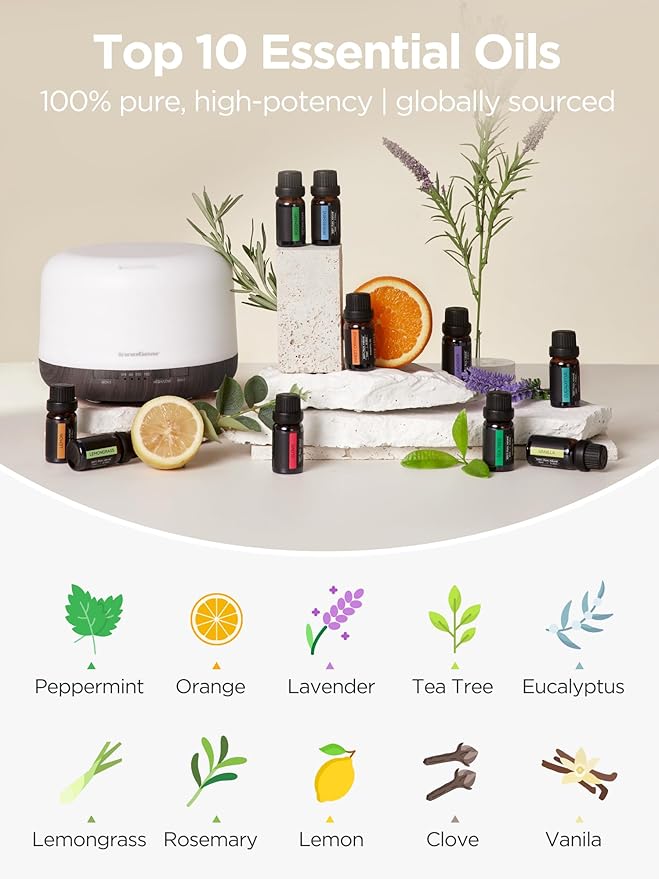 InnoGear Aromatherapy Diffuser & 10 Essential Oils Set, 500ml Essential Oil Diffuser with Remote Control Ultrasonic Cool Mist Scent Humidifier Vaporizer Auto-Off Timer for Room Office Home, Brown - Bloomnest