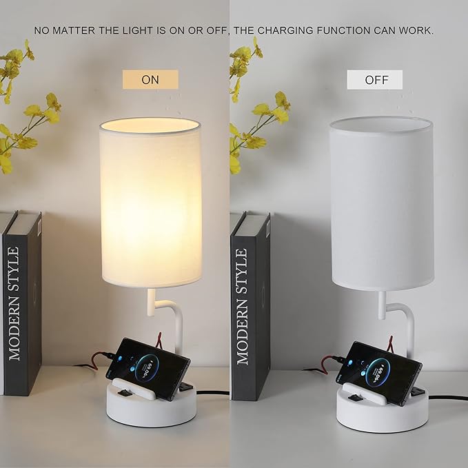 Dreamholder Table Lamp with 3 USB Charging Ports, Modern Desk Lamp with AC Outlet and Phone Stands, Perfect Bedside Lamp for Bedroom, Living Room, Office (Pack of 2), White - Bloomnest