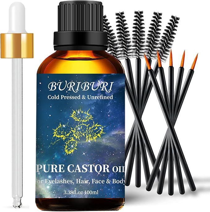 BURIBURI Castor Oil Pure Carrier Oil with Applicator Kit, 100% Pure, Organic, Cold-Pressed, Natural Castor Oil 100ml/3.38fl.oz - Bloomnest