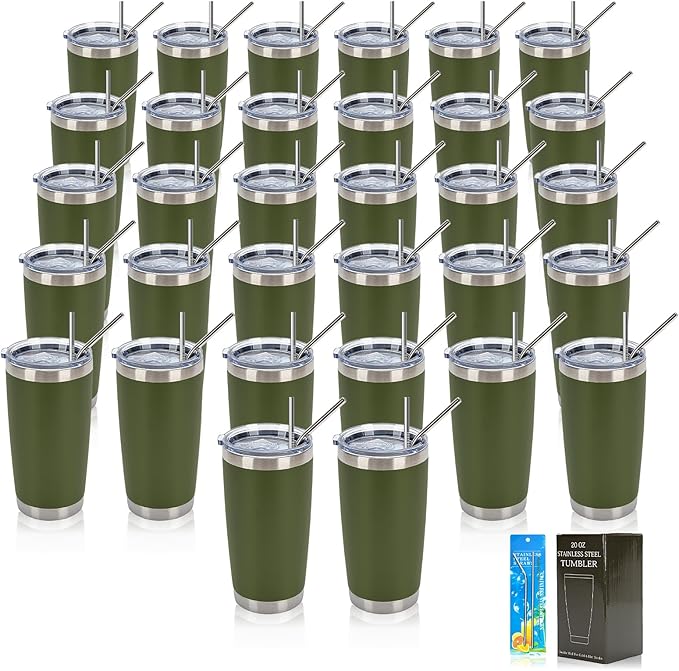 IEOVIEE 32 Pack, 20oz Stainless Steel Bulk Tumblers with Lids and Straws, Double Wall Insulated Travel Mug, Durable Powder Coated Tumbler Bulk Cup for Cold and Hot Drinks(Army Green) - Bloomnest