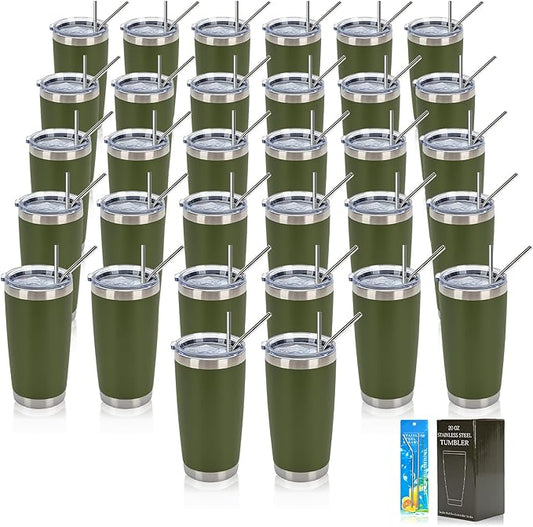 IEOVIEE 32 Pack, 20oz Stainless Steel Bulk Tumblers with Lids and Straws, Double Wall Insulated Travel Mug, Durable Powder Coated Tumbler Bulk Cup for Cold and Hot Drinks(Army Green) - Bloomnest