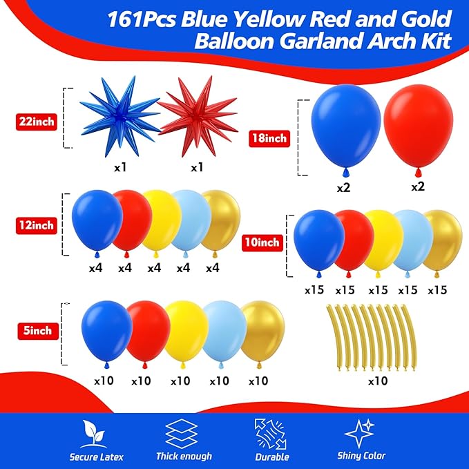 161Pcs Blue Yellow Red and Gold Balloon Garland Arch Kit - Cartoon Party Decorations with 4D Star Gold Long Balloons for Birthday Baby Shower Cartoon Carnival Circus theme Backdrop Decorations - Bloomnest