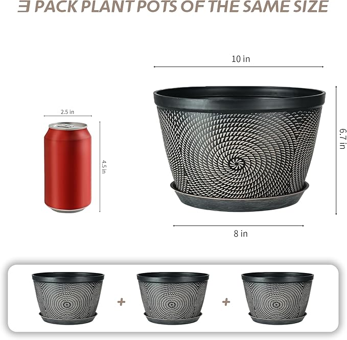 Quarut 10 Inch Flower Pots for Outdoor Indoor, 3 Pack Plastic Plant Pots with Drainage Hole & Tray, Modern Decorative Garden Pot with Saucer, planters for House (Black Copper) - Bloomnest