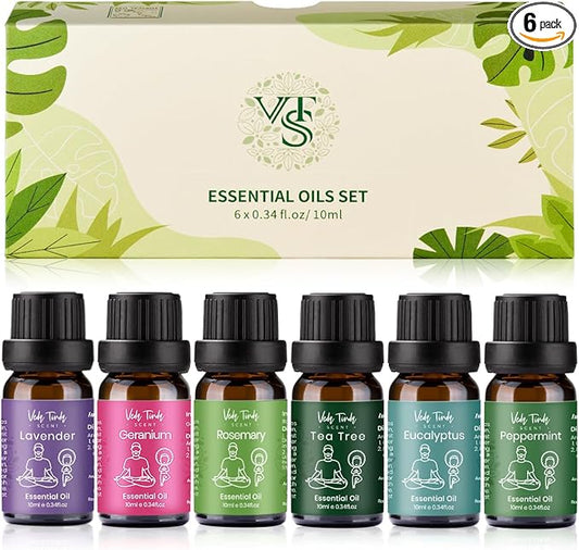 VTS Essential Oils Set (6 x 10ml) - Lavender, Peppermint, Eucalyptus, Tea Tree, Geranium, Rosemary, Aromatherapy Oils Gift Set for Home Diffusers, Skin & Hair Care, Soap & Candle Making, Humidifiers - Bloomnest