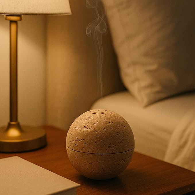 Natural Stone Sphere Incense Holder: 4" D Hand-Carved Aromatherapy Burner for Yoga, Meditation & Relaxation, Elegant Multi-Hole Design, Beige Travertine - Bloomnest