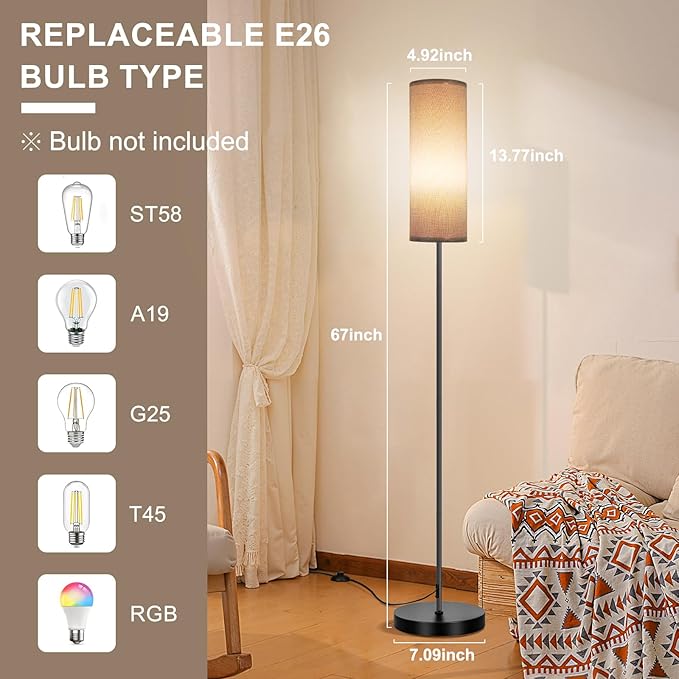 FRIDEKO HOME Floor Lamp with Grey Shade, Simple Design with Foot Pedal Switch, Small Tall Lamps for Living Room Bedroom Office, Corner Floor Stand Light with Black Pole Lamp (No Bulb/No Remote) - Bloomnest