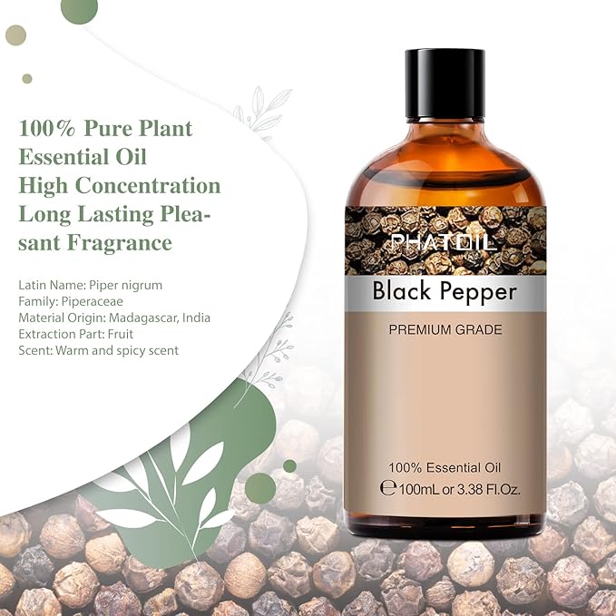 Black Pepper 3.38fl.oz Essential Oil, PHATOIL Pure Aromatherapy Oils for Diffuser, Humidifier, Perfect for DIY Soap, Candle, Bath Bombs Making(100ml) PHATOIL